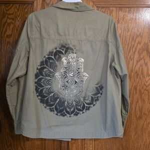 HANDCRAFTED Upcycled Olive Green Jacket HANDPAINTED Spiritual Army Green Coat